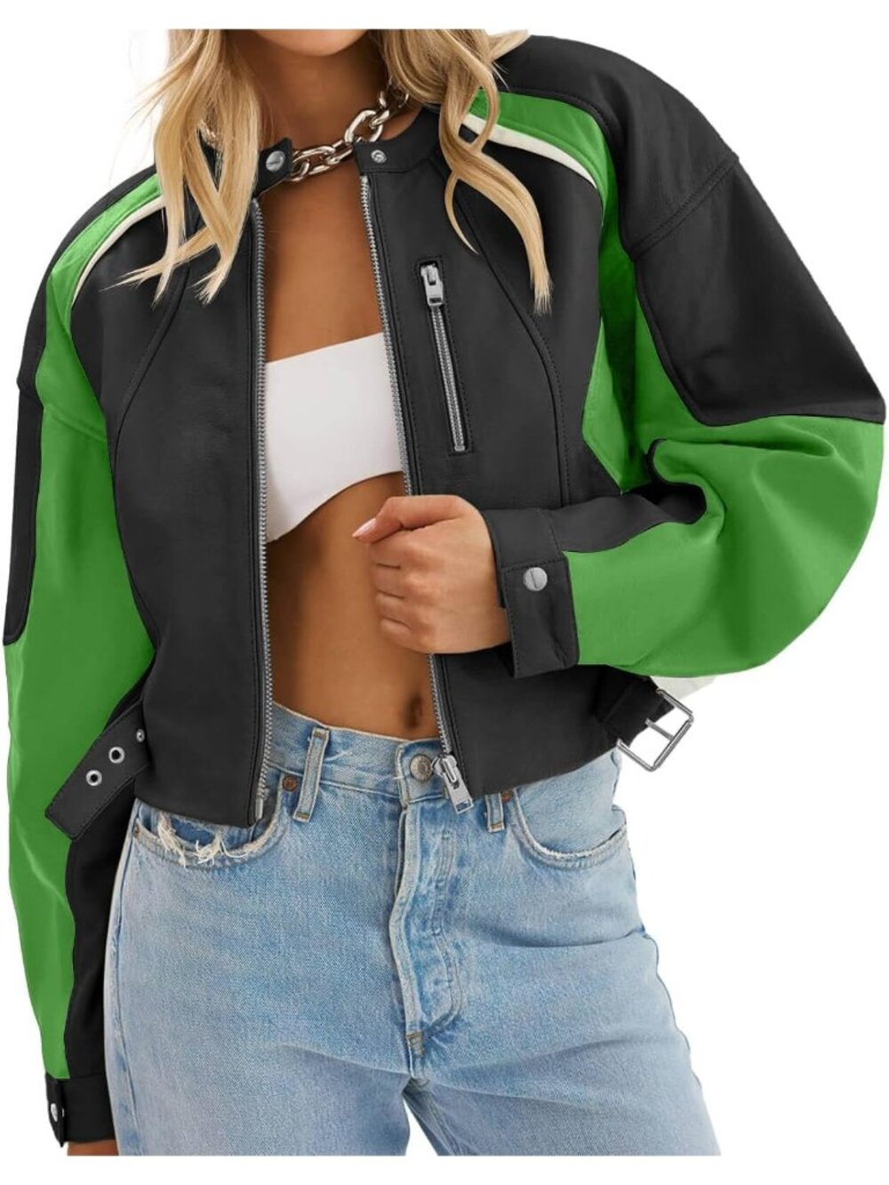 Women's Green Faux Leather Comfortable Zip Up Color Block Casual Bomber Jackets